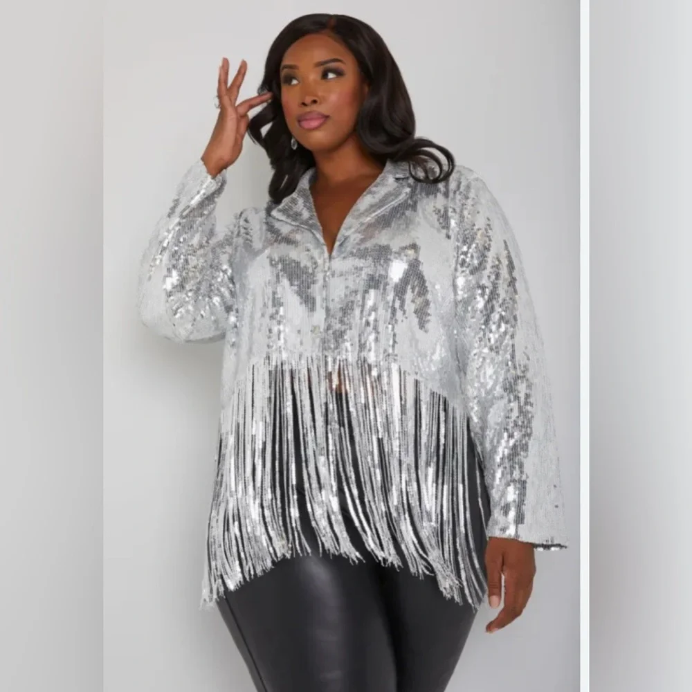 Ashley Stewart Shimmering Silver Fringe Blazer - Picture 1 of 10